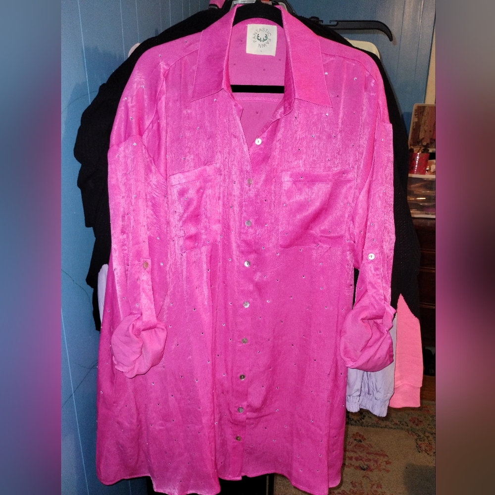 Rhinestone Pink Satin Shirt Dress - Picture 3 of 4